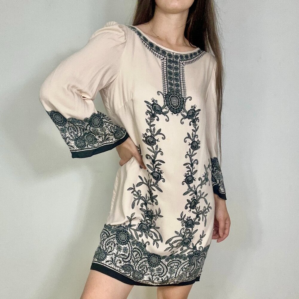 Max Edition Cream Midi Dress NWT with Stunning Black Embroidered Floral Print